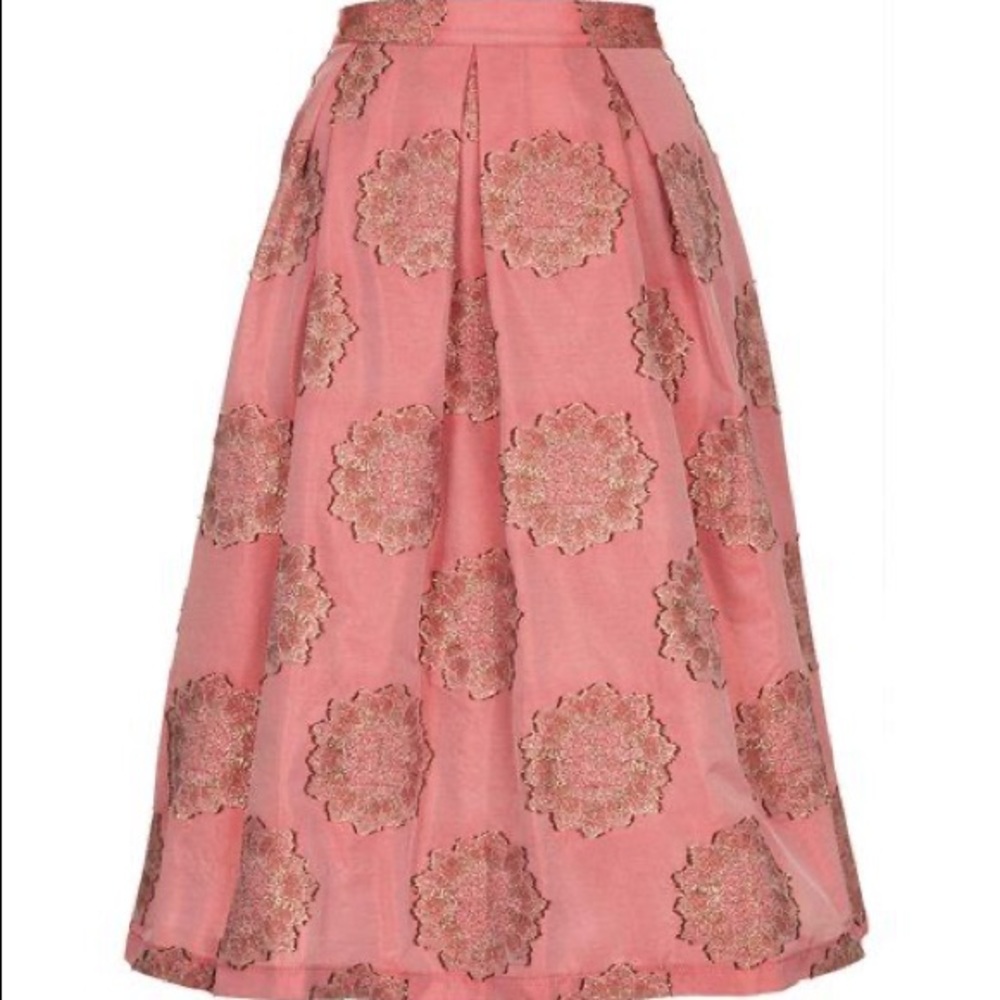 TOPSHOP Pink Metallic Lace Jacquard Midi Skirt